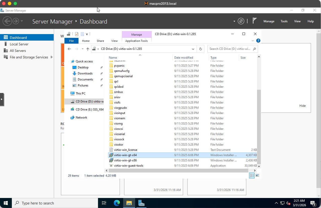 VirtIO CD station met virtio-win-guest-tools.exe zichtbaar