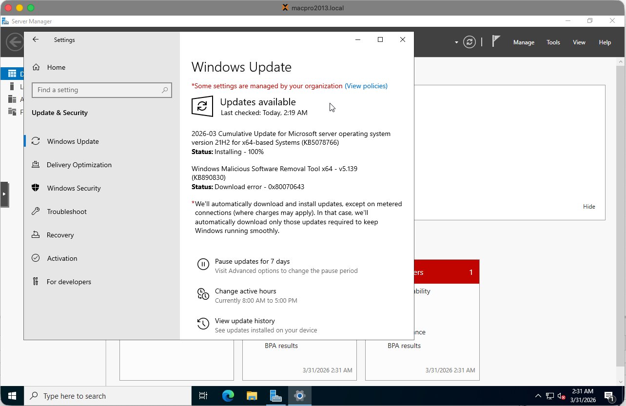 Example of a Windows Update error that can be ignored in a lab VM