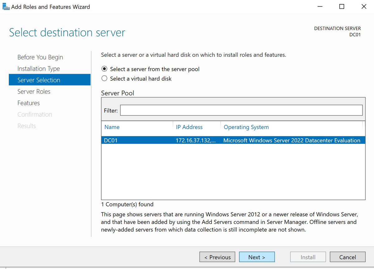 Server Selection — DC01
