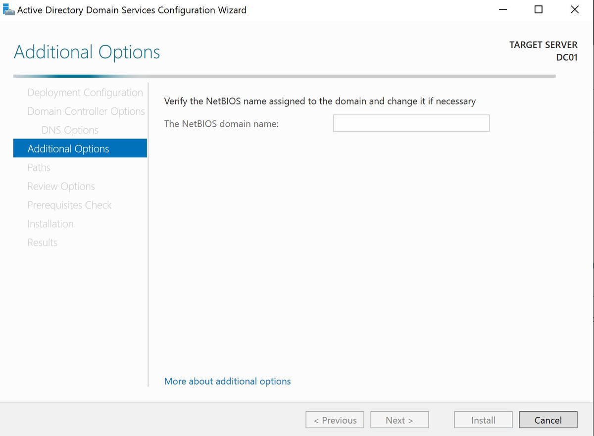 Additional Options — NetBIOS wordt geladen