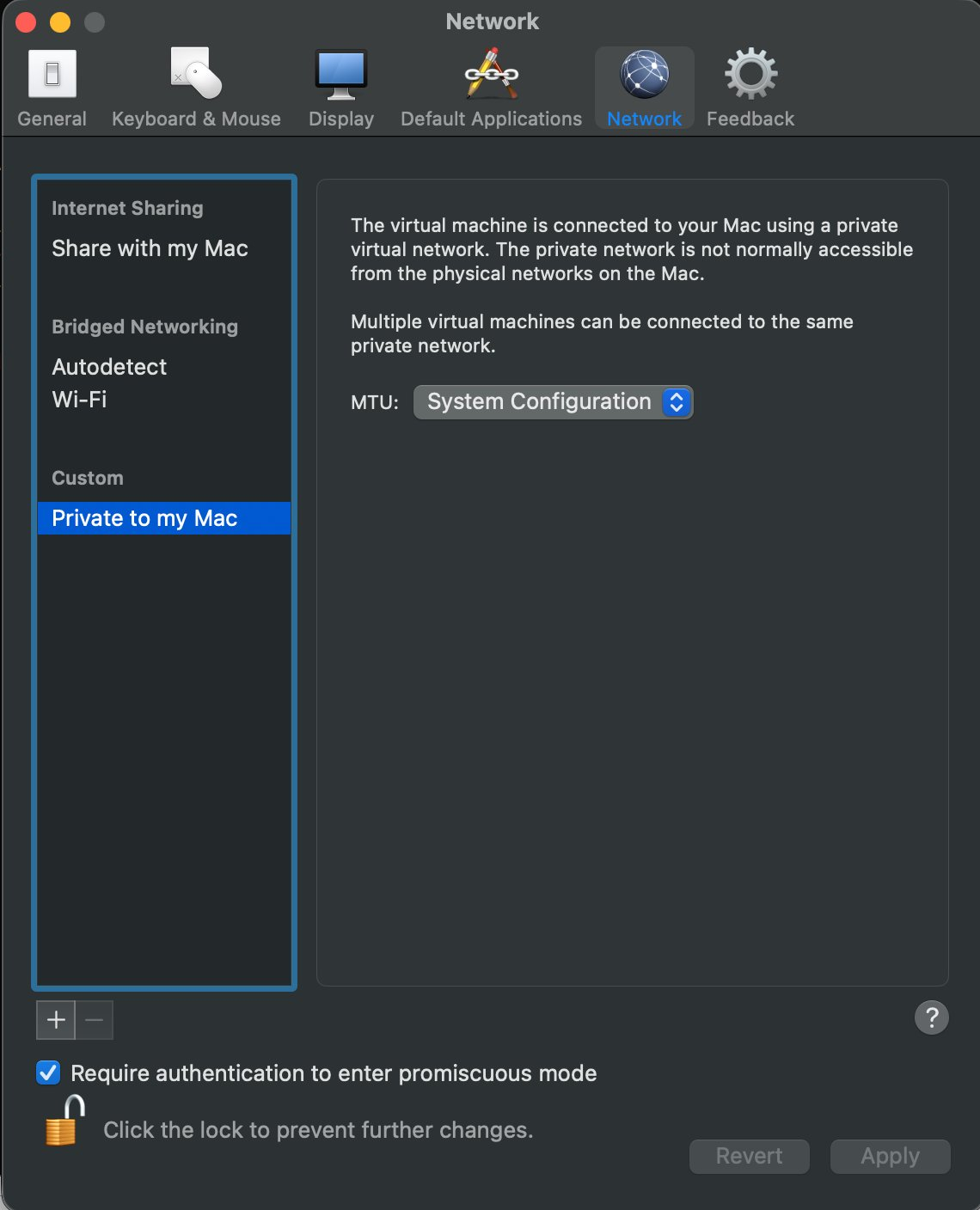 VMware Fusion netwerkinstellingen — Private to my Mac